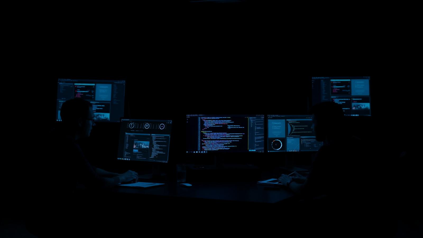 Equipe de produto e engenharia trabalhando em telas escuras com código e interfaces
