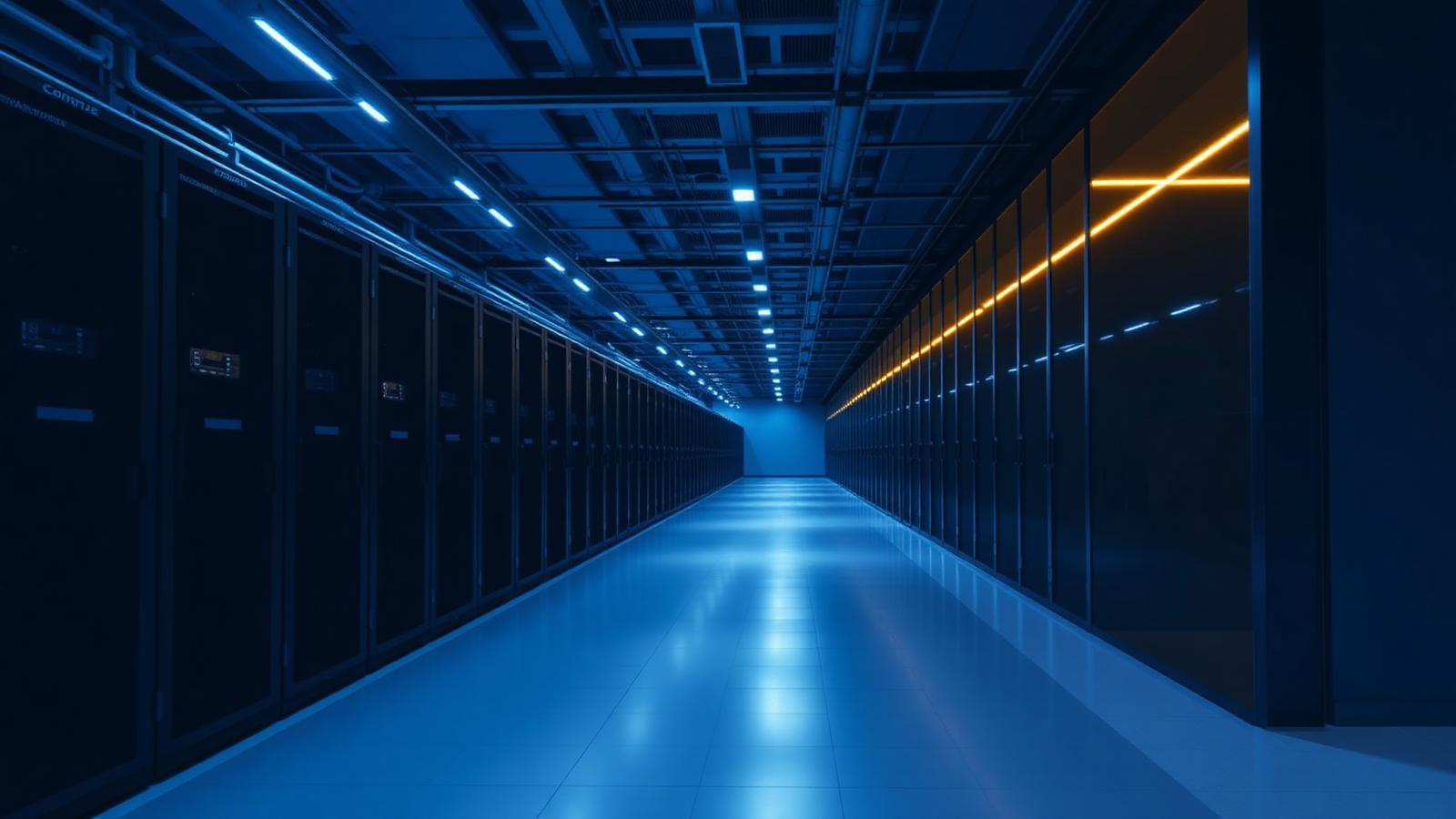 Corredor de data center com racks de servidores em iluminação azul profunda