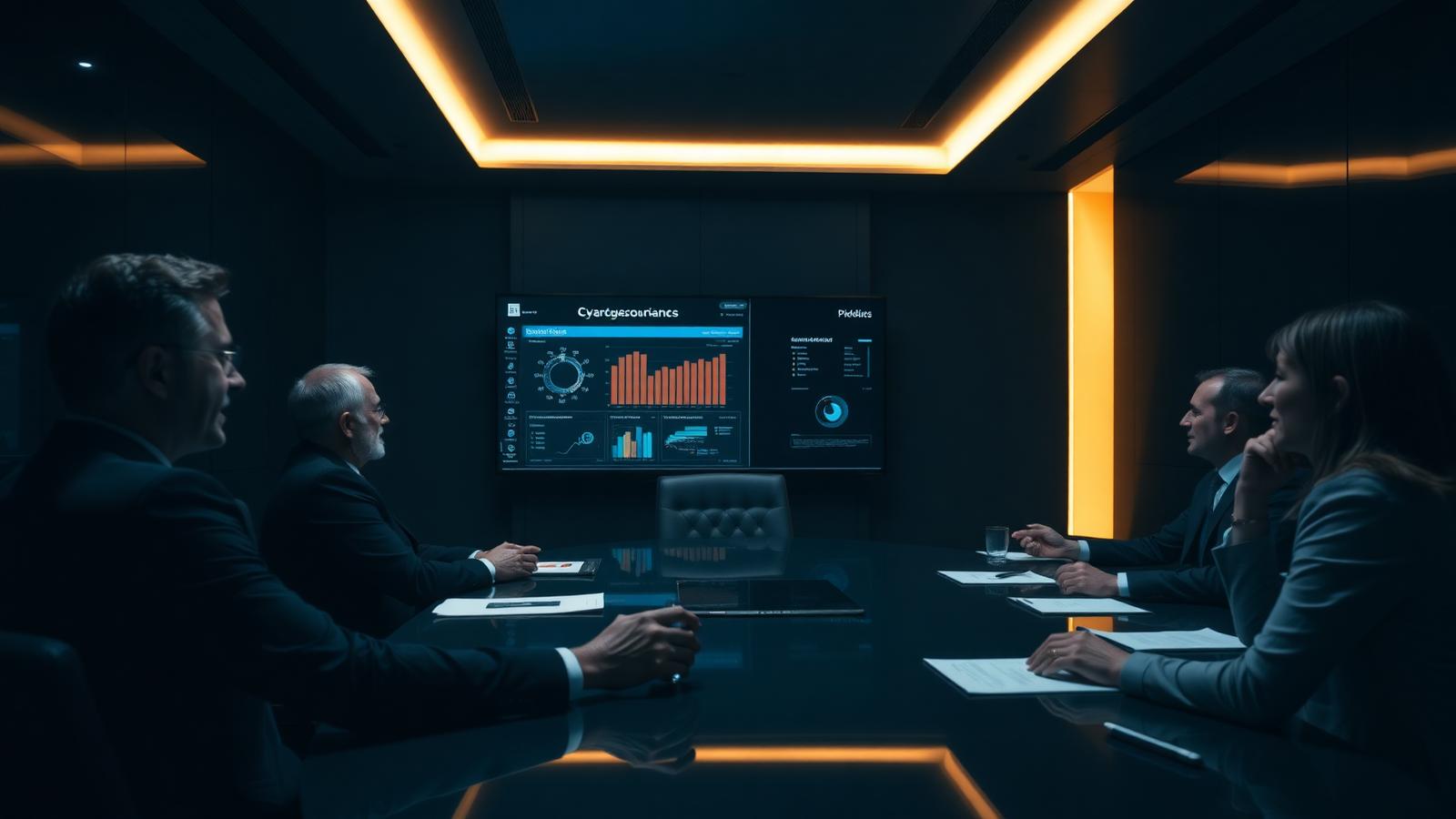 Executivos analisando indicadores de governança de segurança em sala de reunião